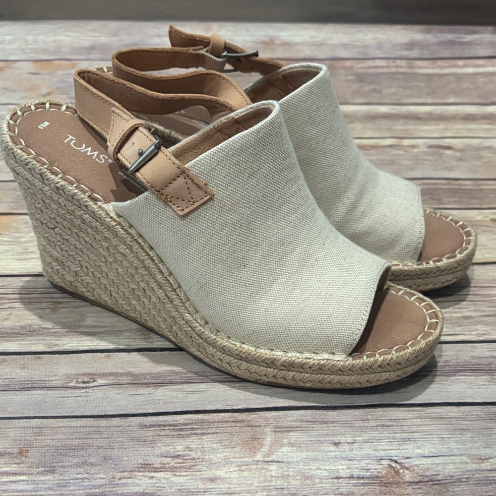 TOMS Women's Tan and Cream Wedge Sandals. Size 9.5. Worn once!